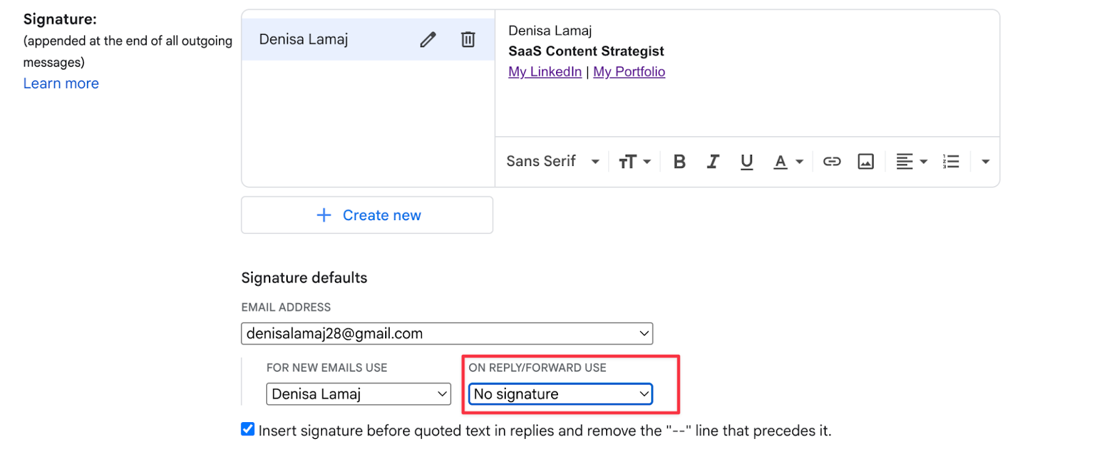 Edit Signature Defaults no signature gmail