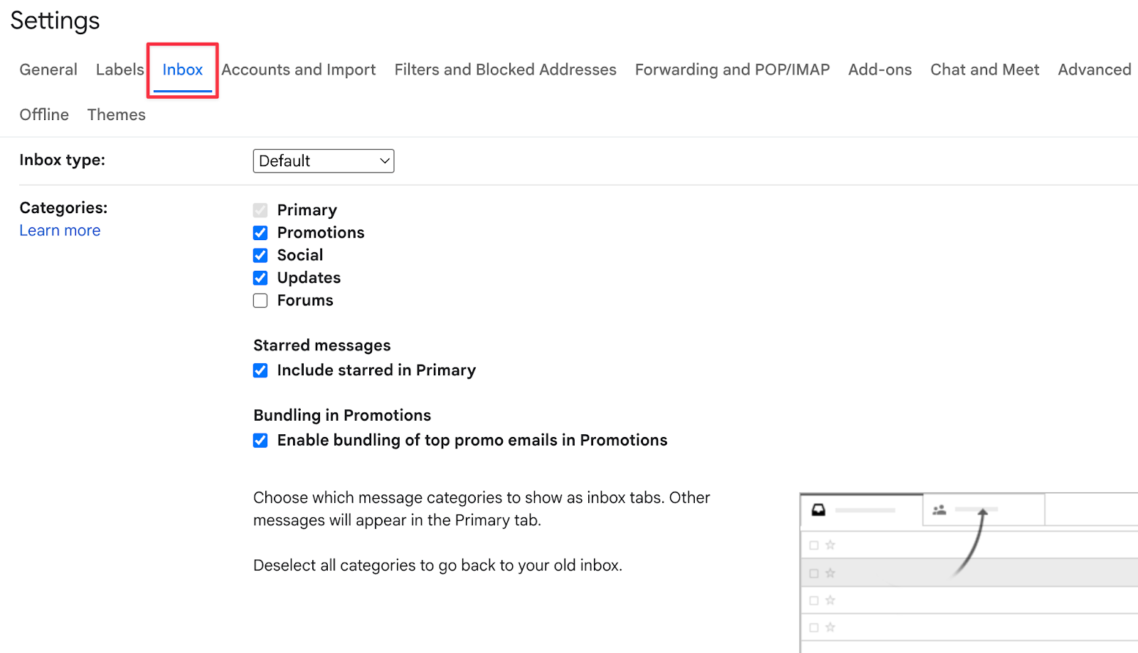 gmail settings inbox