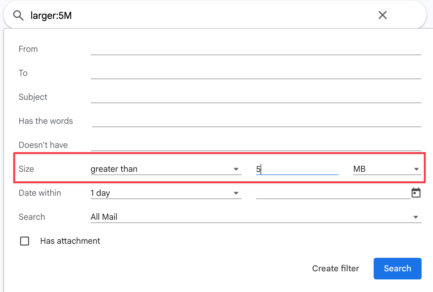 Gmail filter feature size