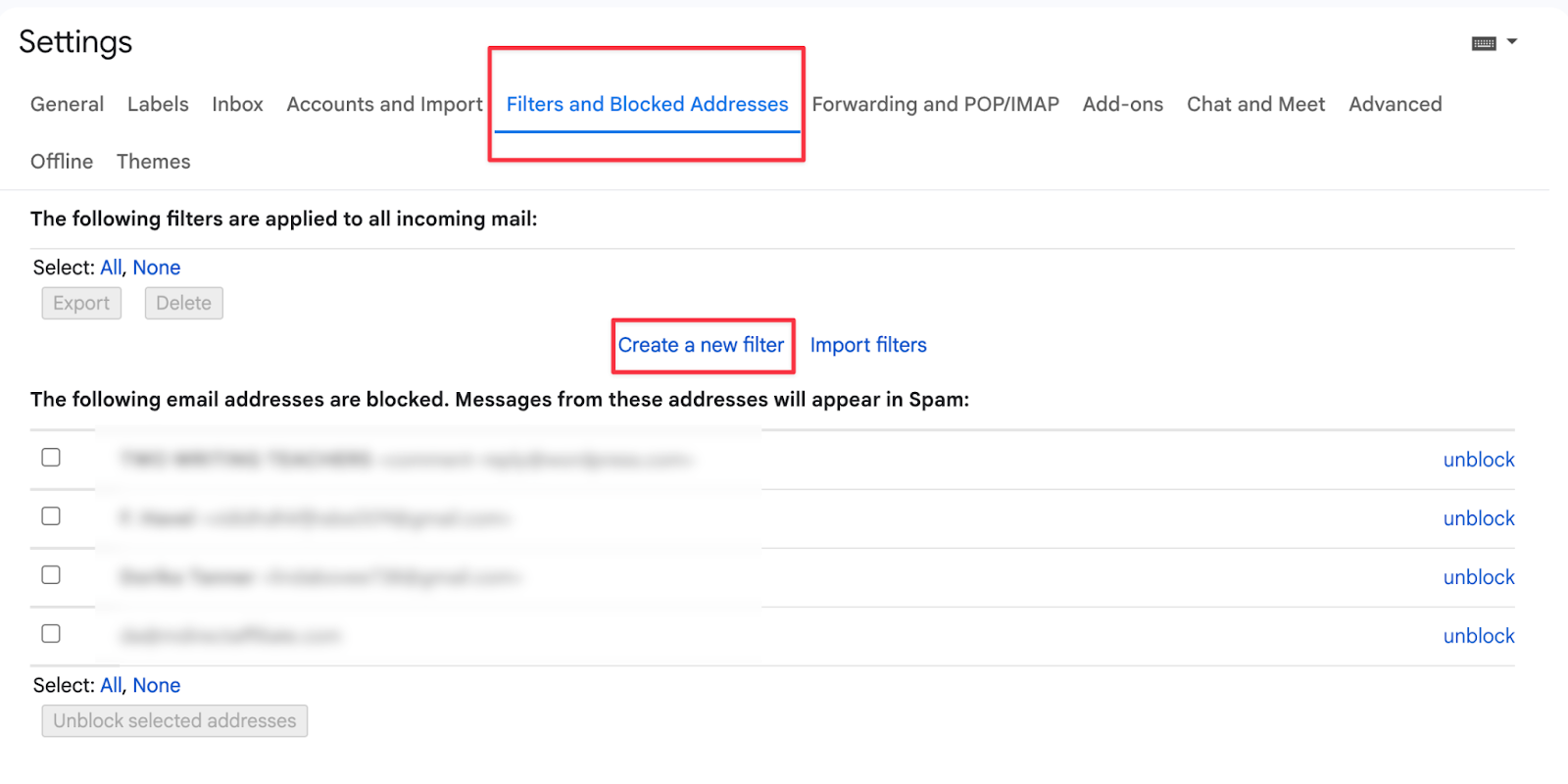 gmail settings filters and blocked addresses