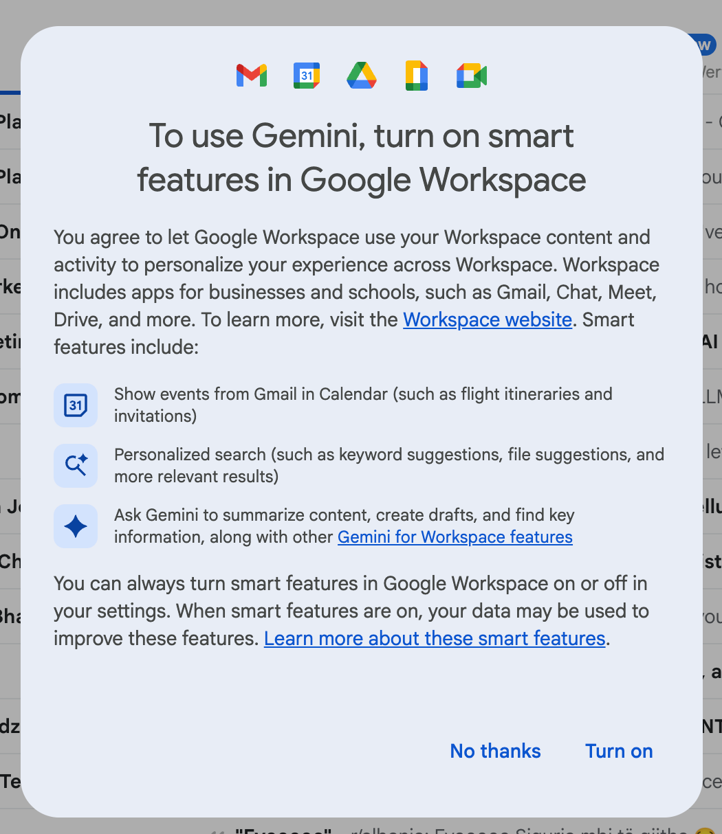 gemini in gmail turn on smart features