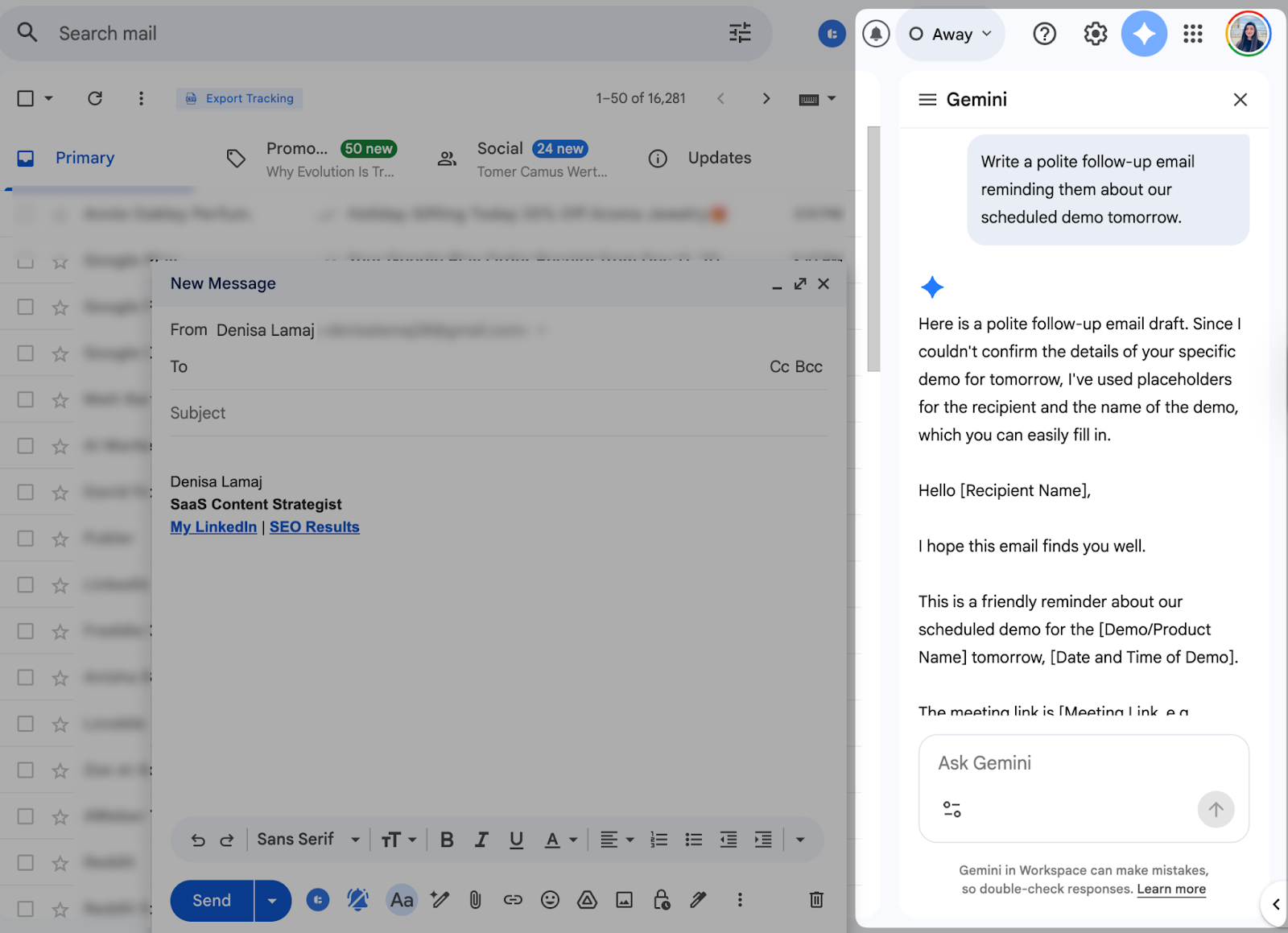 gemini in gmail write an email