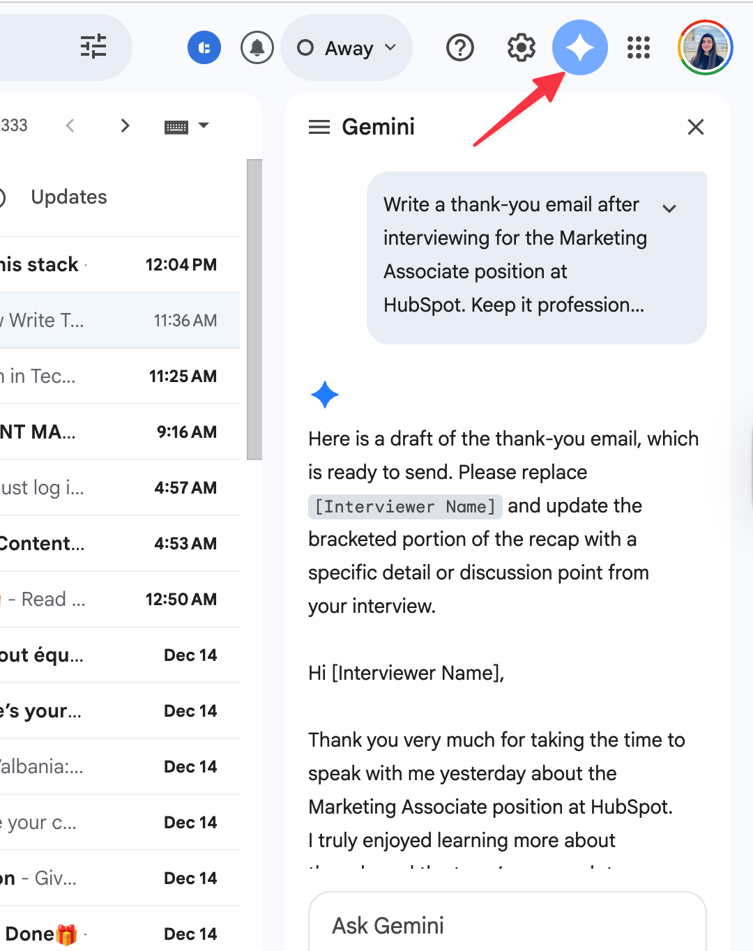 gemini in gmail interview thank you email prompt