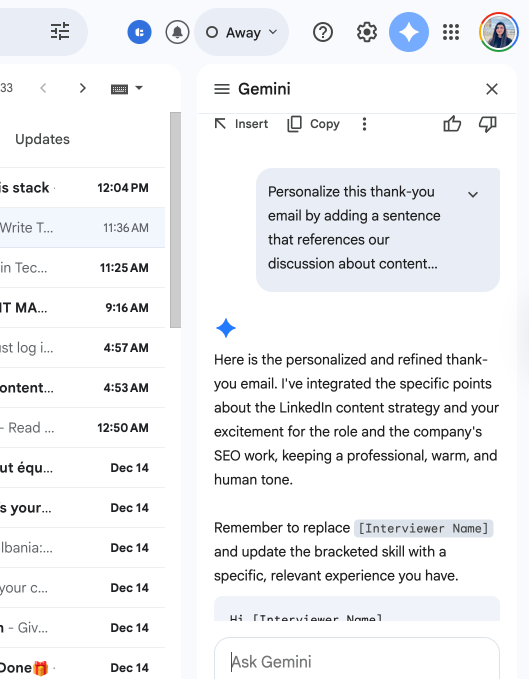 gemini in gmail interview thank you email prompt