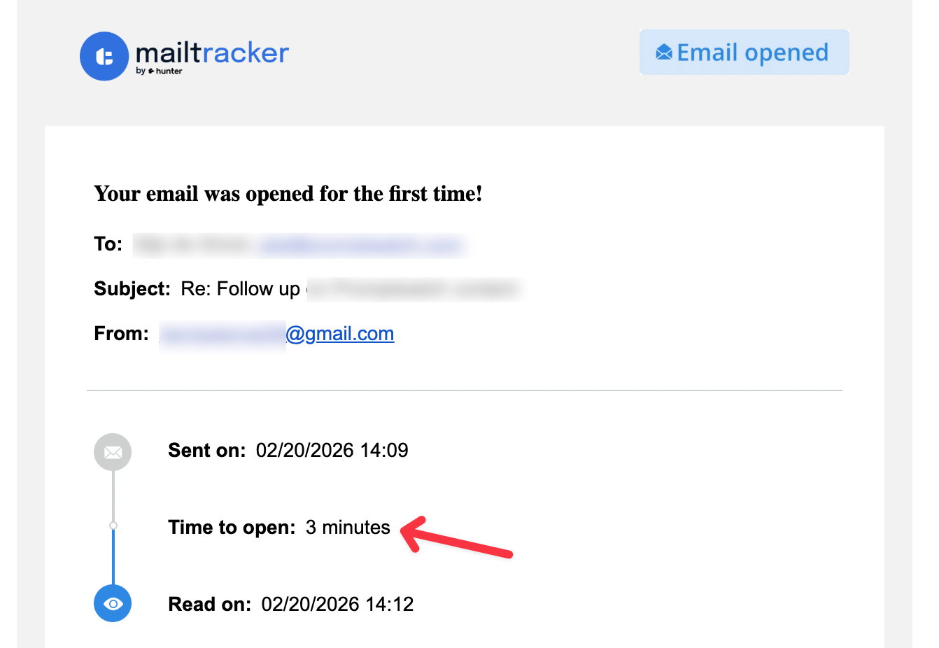 email opened with mailtracker in 3 minutes