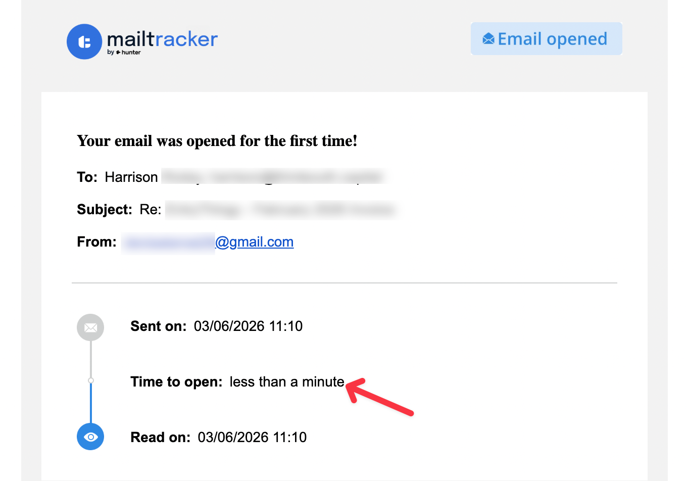 email opened with mailtracker in less than a minute