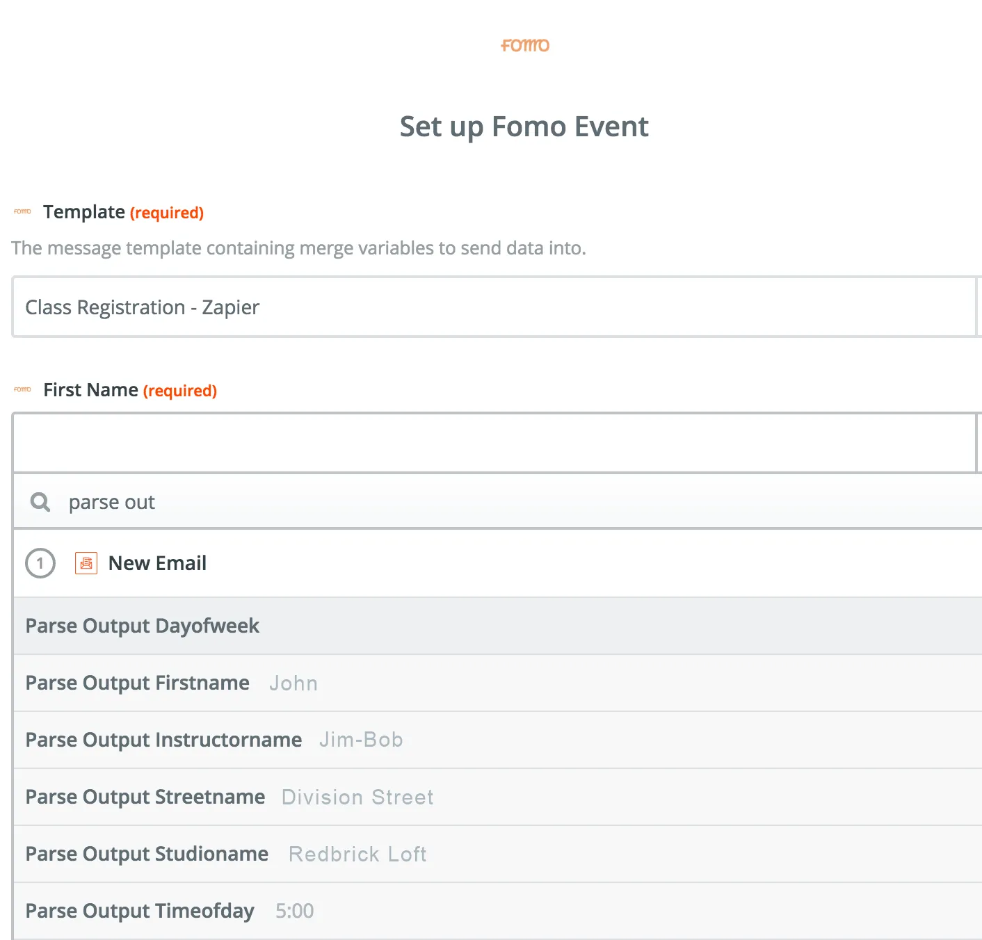 Zapier Email Parser and Fomo integration, setting up the Zapier action