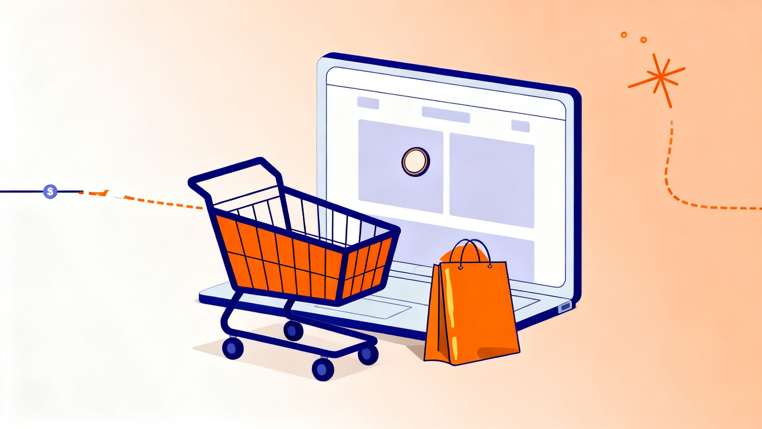 Flat vector illustration of an empty shopping trolley turned away from a laptop showing a checkout page