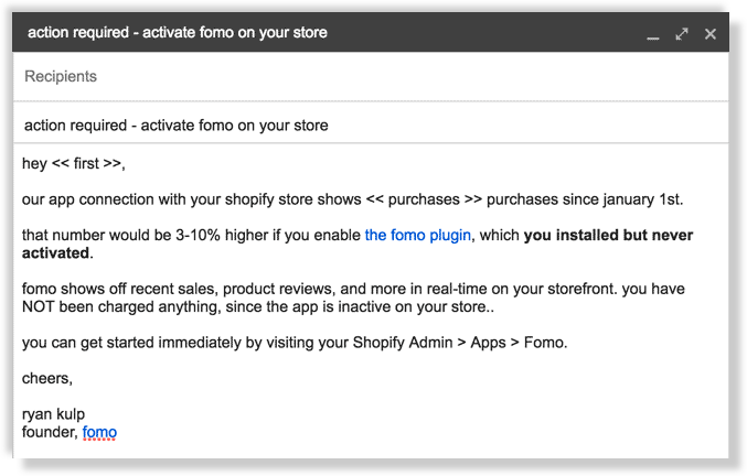 fomo inactive customer notification email