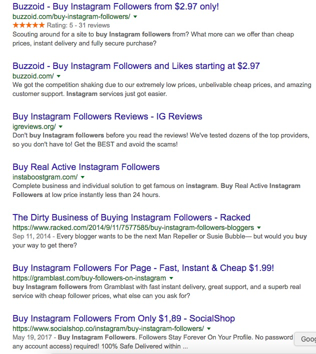 Google search results for buying Instagram followers