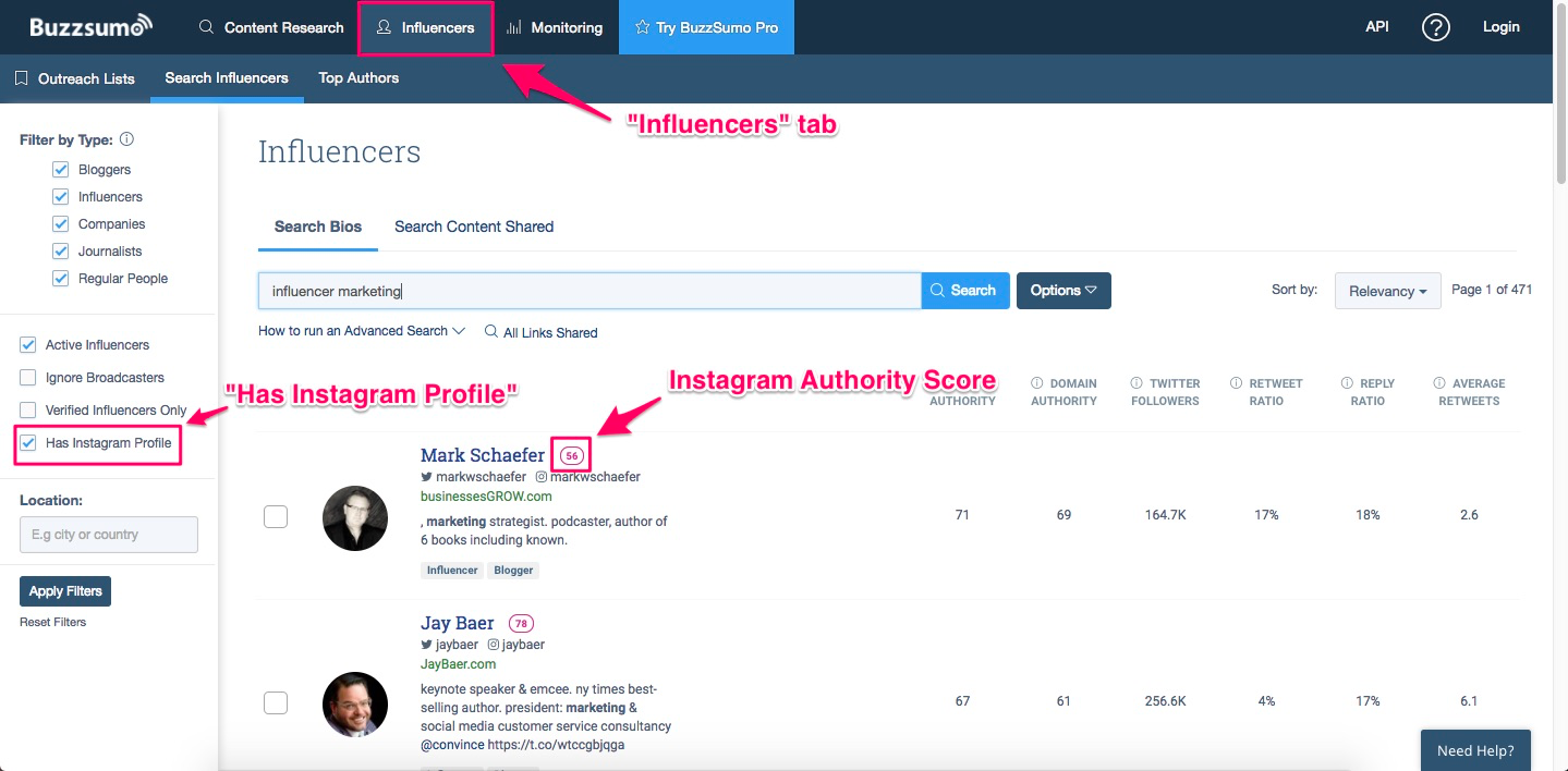 Buzzsumo influencer search results