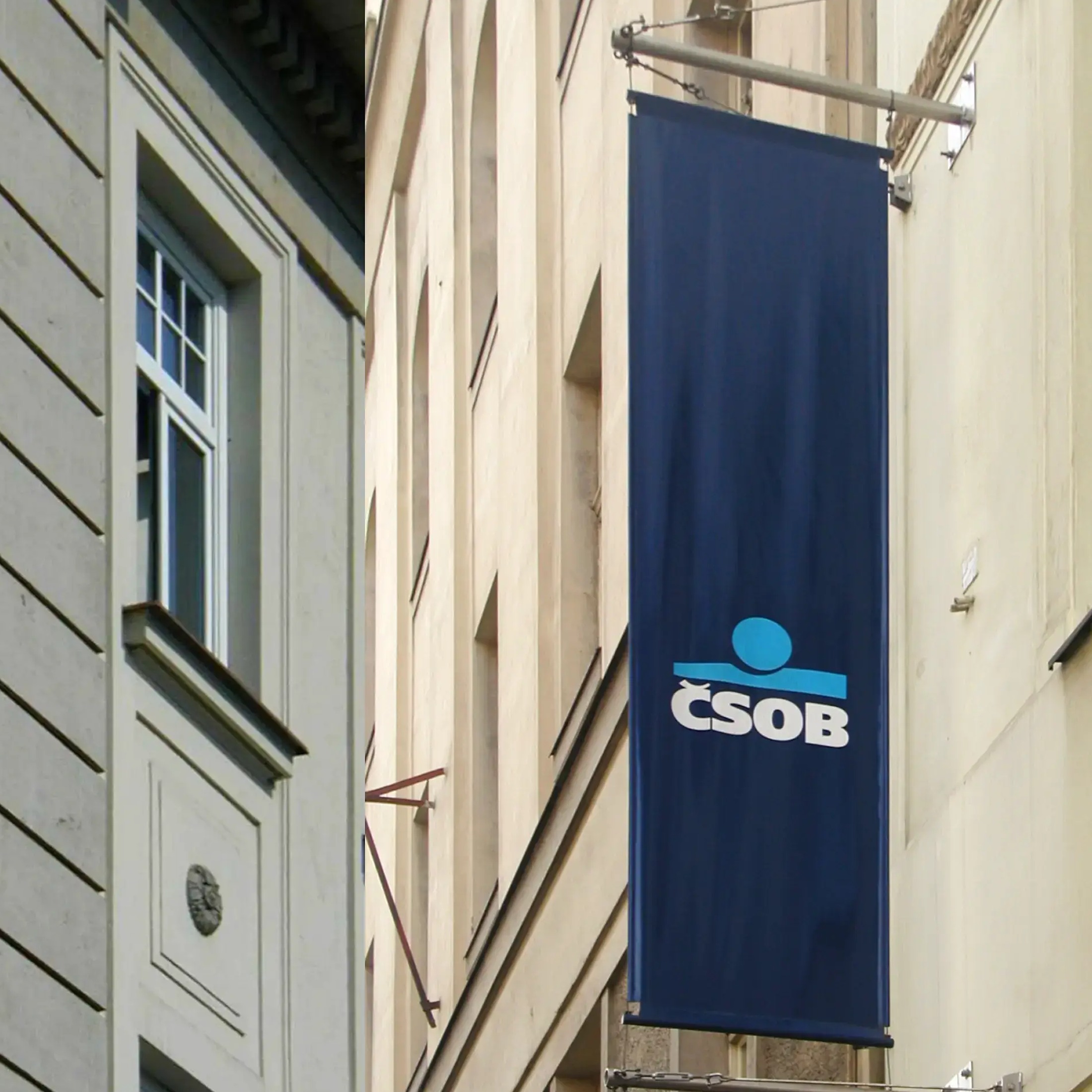 Reklamní vlajka ČSOB na fasádě budovy