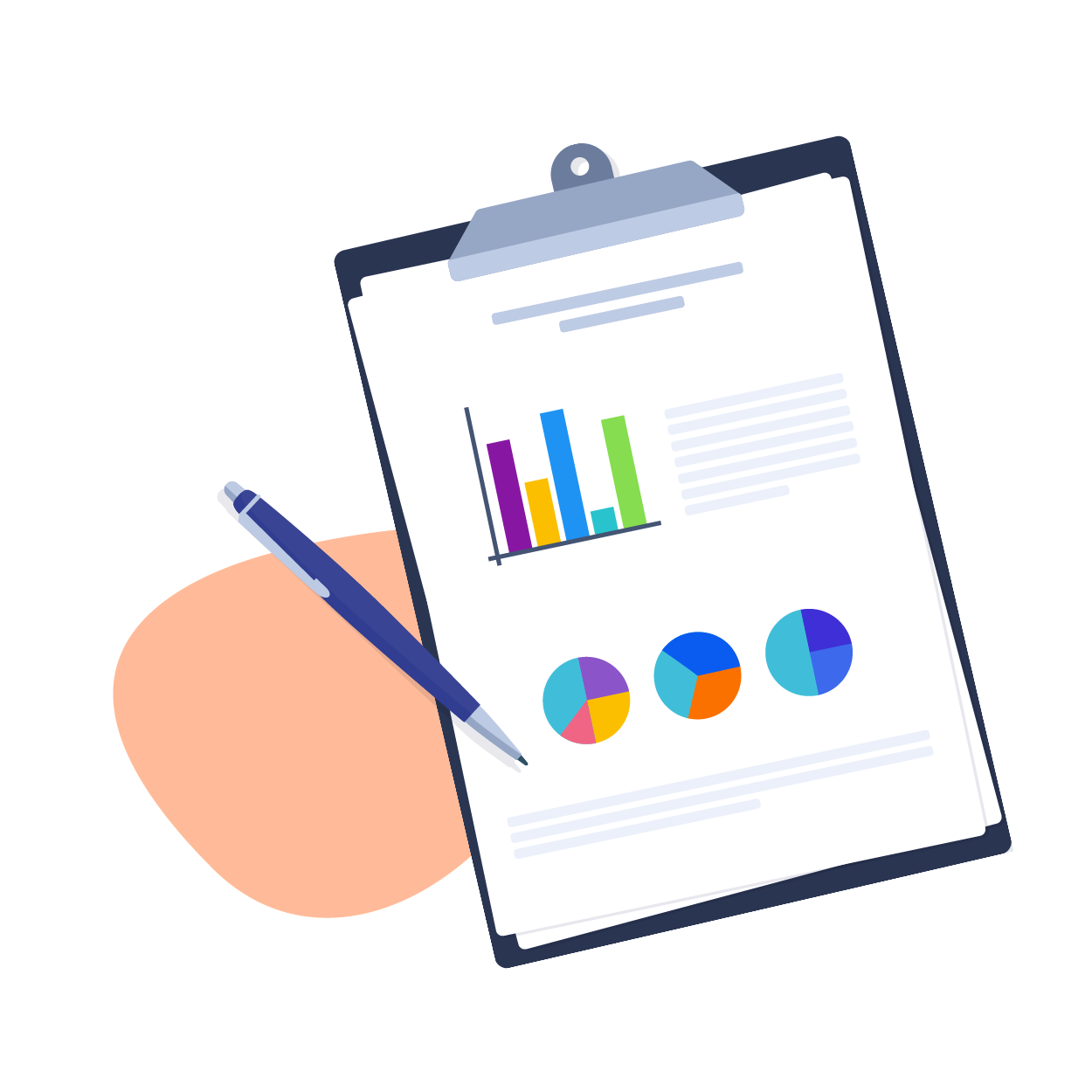 Clipboard with colorful bar graph and three pie charts, accompanied by a blue pen.