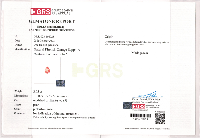 Pear Shape Padparadscha Sapphire 3.05 GRS Report