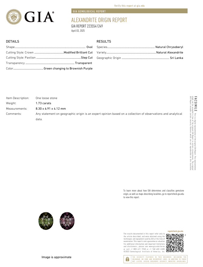 Oval Shape Alexandrite 1.73 Report