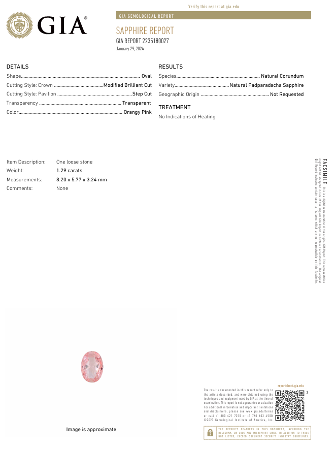Oval Shape Padparadscha Sapphire 1.29 Report