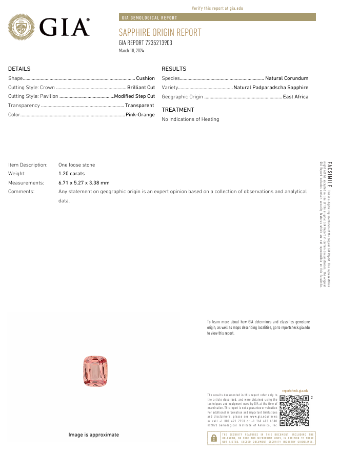 Cushion Shape Padparadscha Sapphire 1.20 Report