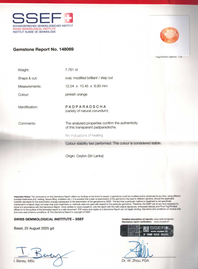 Ceylon Padparadscha Sapphire Oval Cut Size 7.76 Report 2