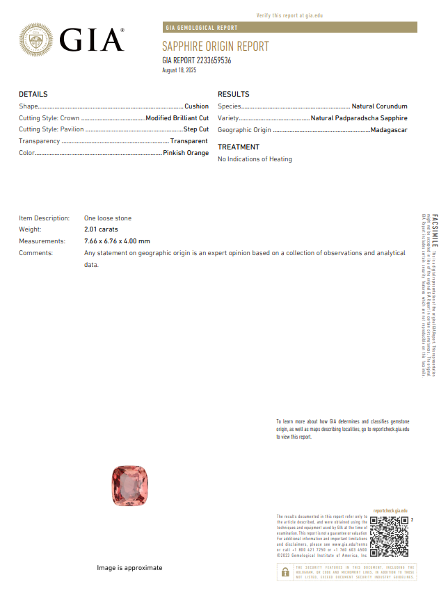 Cushion Shape Padparadscha Sapphire 2.01 Report