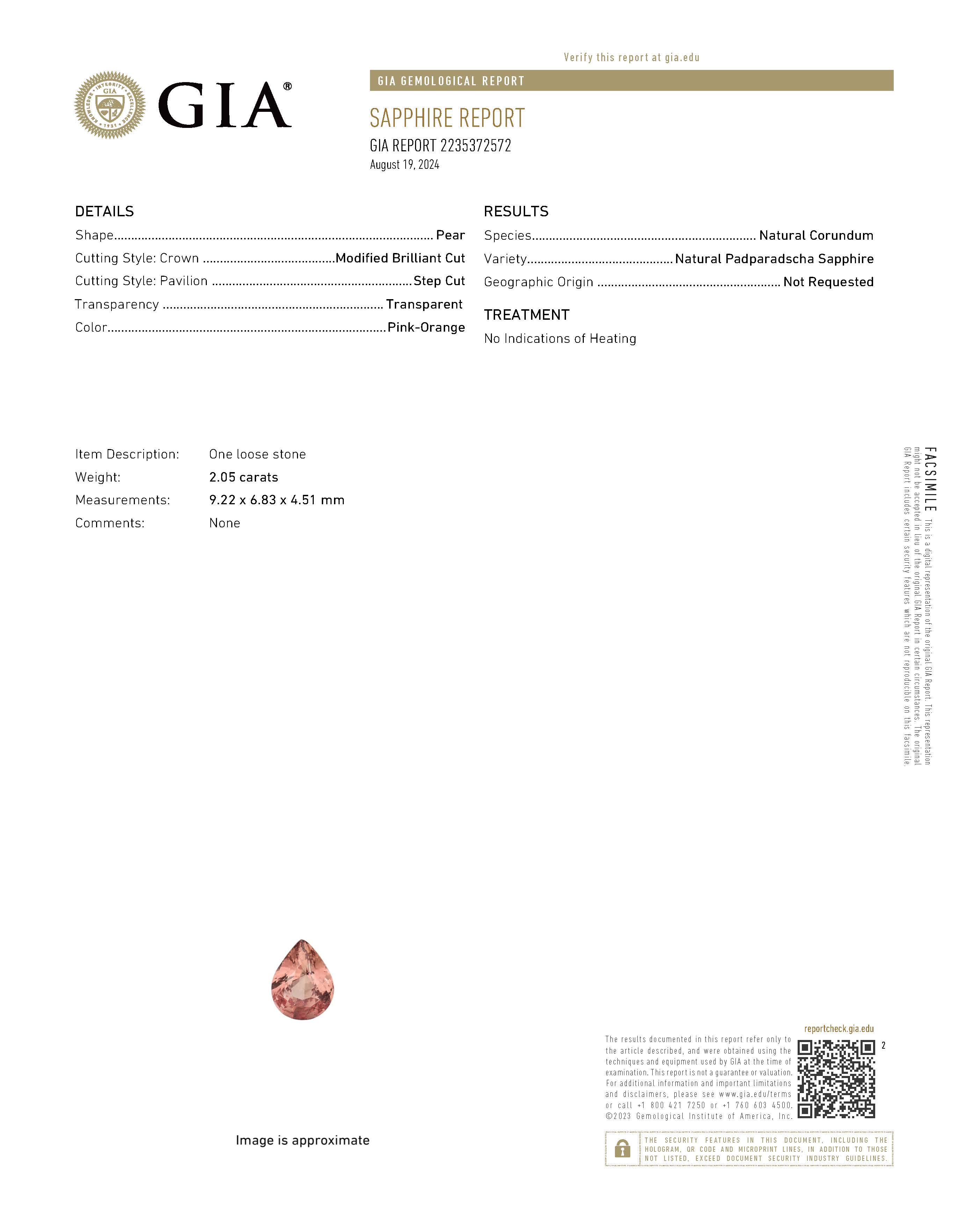 Pear Shape Padparadscha Sapphire 2.05 Report