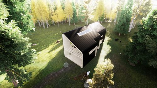 A render of COVE nestled among the trees. A mass timber cabin and home.