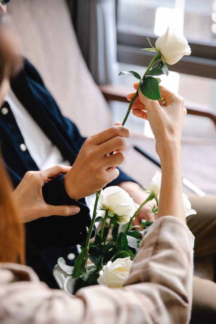 woman holding white rose