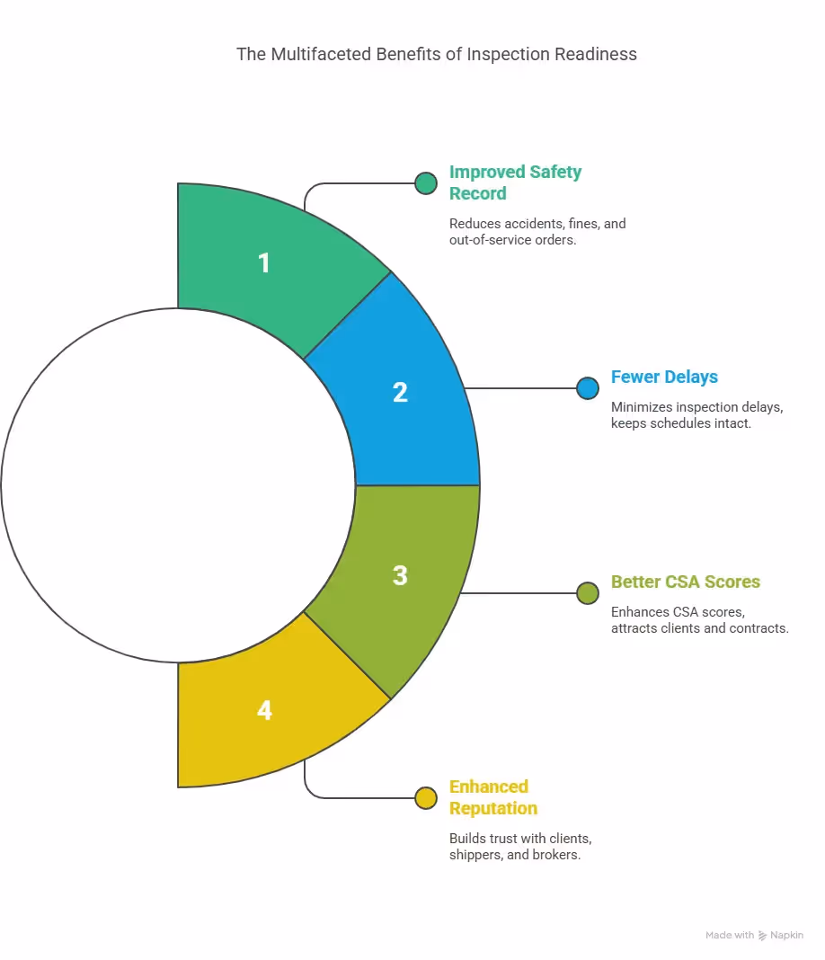 A segmented circular infographic titled 'The Multifaceted Benefits of Inspection Readiness' with four color-coded sections labeled 1 through 4