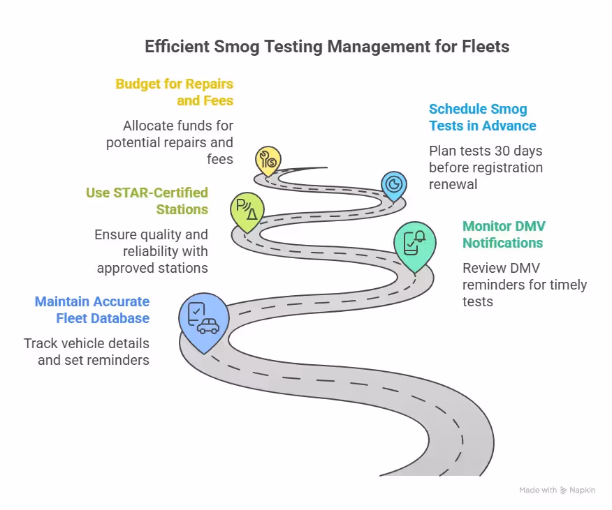 Illustration of a winding road labeled with steps for fleet smog test management: budget for repairs and fees, use STAR-certified stations, maintain accurate fleet database, schedule tests in advance, and monitor DMV notifications.