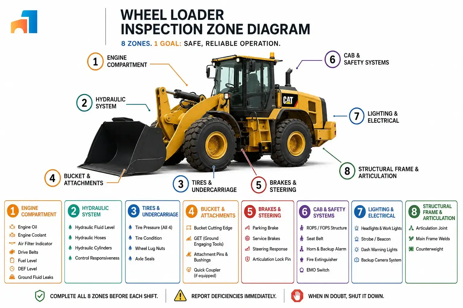 Annotated diagram of a wheel loader showing the eight daily inspection zones — engine compartment, hydraulic system, tires and undercarriage, bucket and attachments, cab and ROPS safety devices, structural frame, lighting and electrical systems, and cooling system — as required by OSHA 29 CFR 1926.600 and OEM pre-shift inspection protocols.