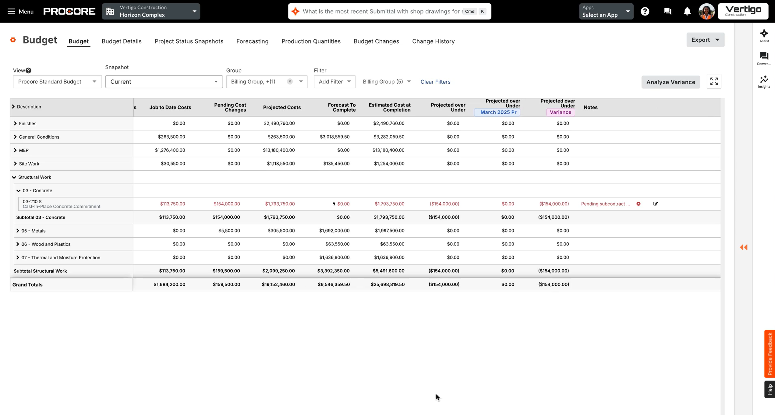 Procore enterprise construction management software dashboard showing project financials and field productivity tools for general contractors
