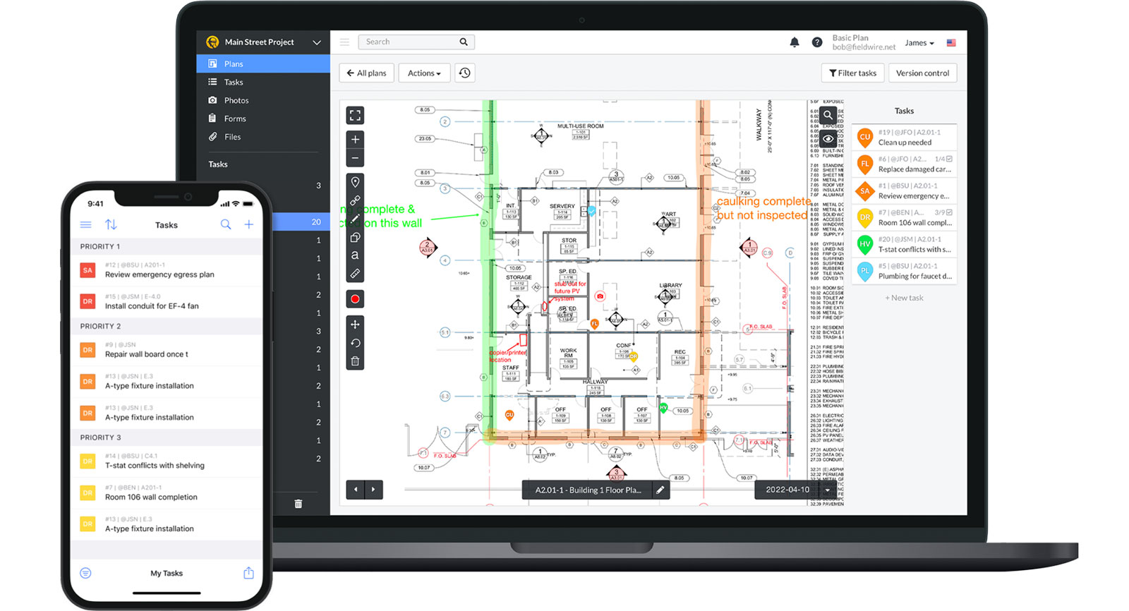 Fieldwire mobile app interface on a tablet showing construction plan markups and field-first task management
