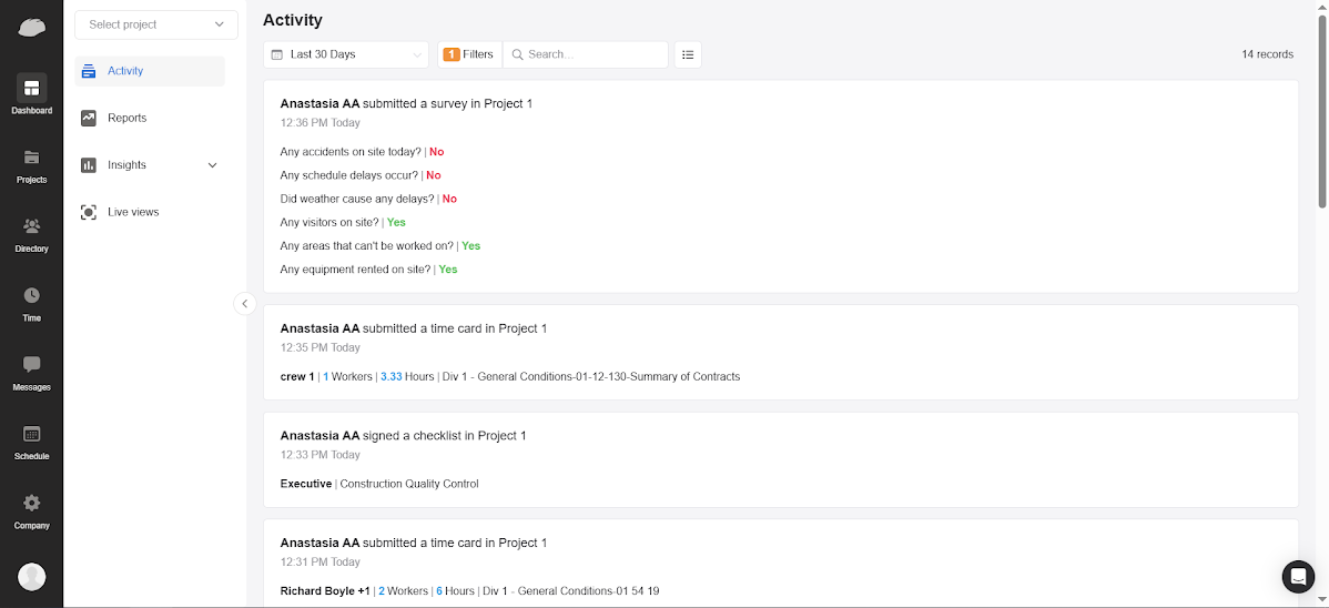 Raken construction field reporting software displaying a digital daily log and safety compliance checklist on a mobile device