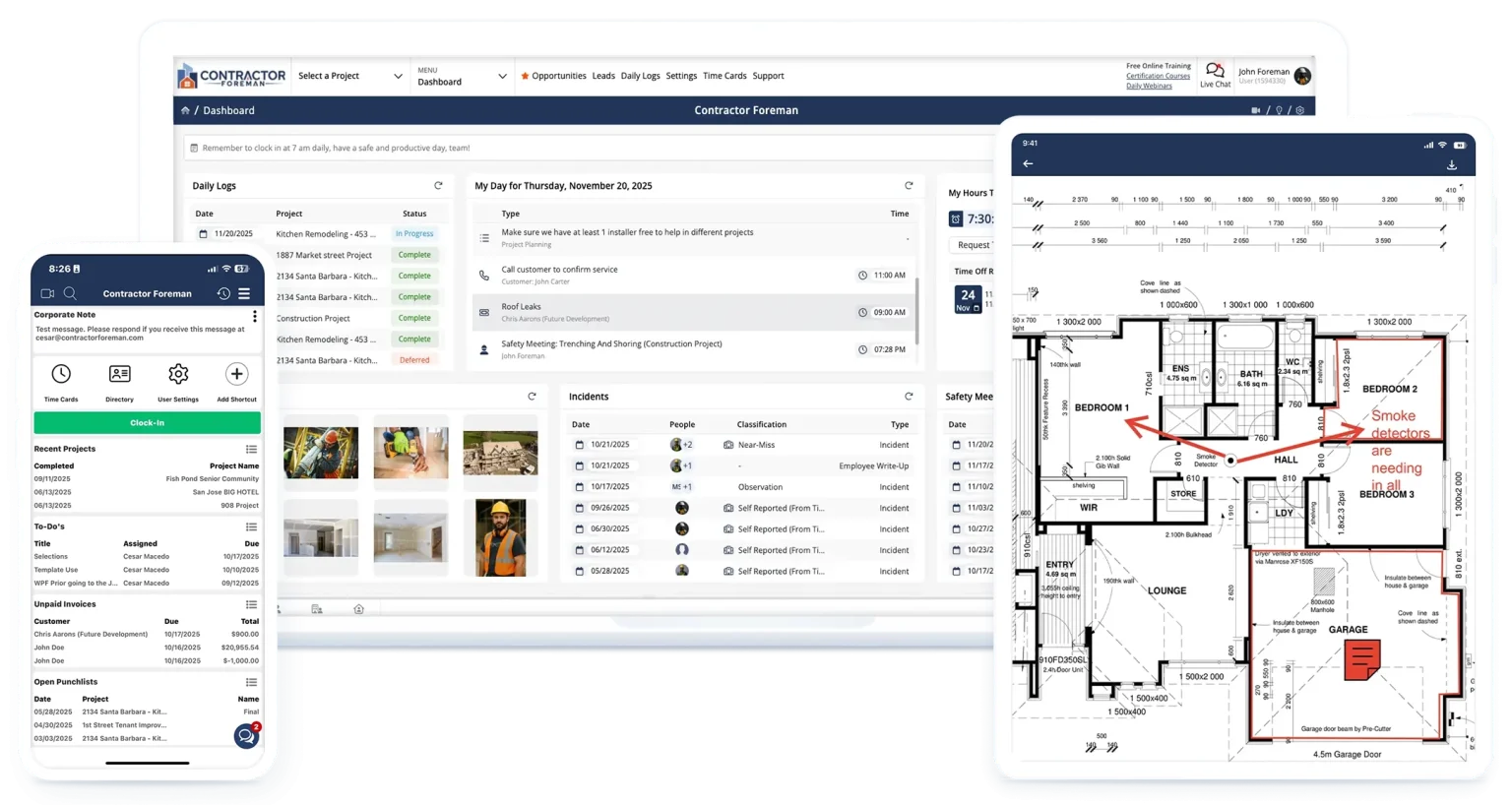 Contractor Foreman dashboard highlighting affordable construction management software for small business estimating and scheduling