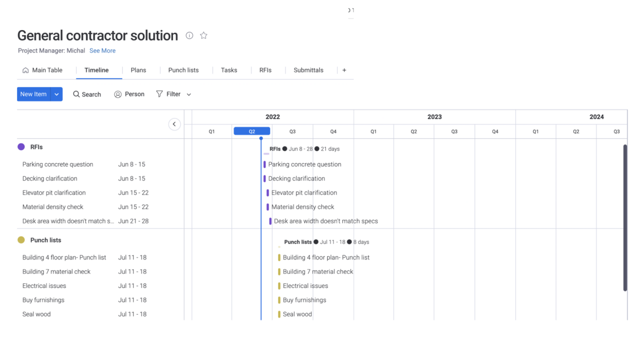 Monday.com Construction Suite visual project management board showing color-coded task tracking and workflow automation