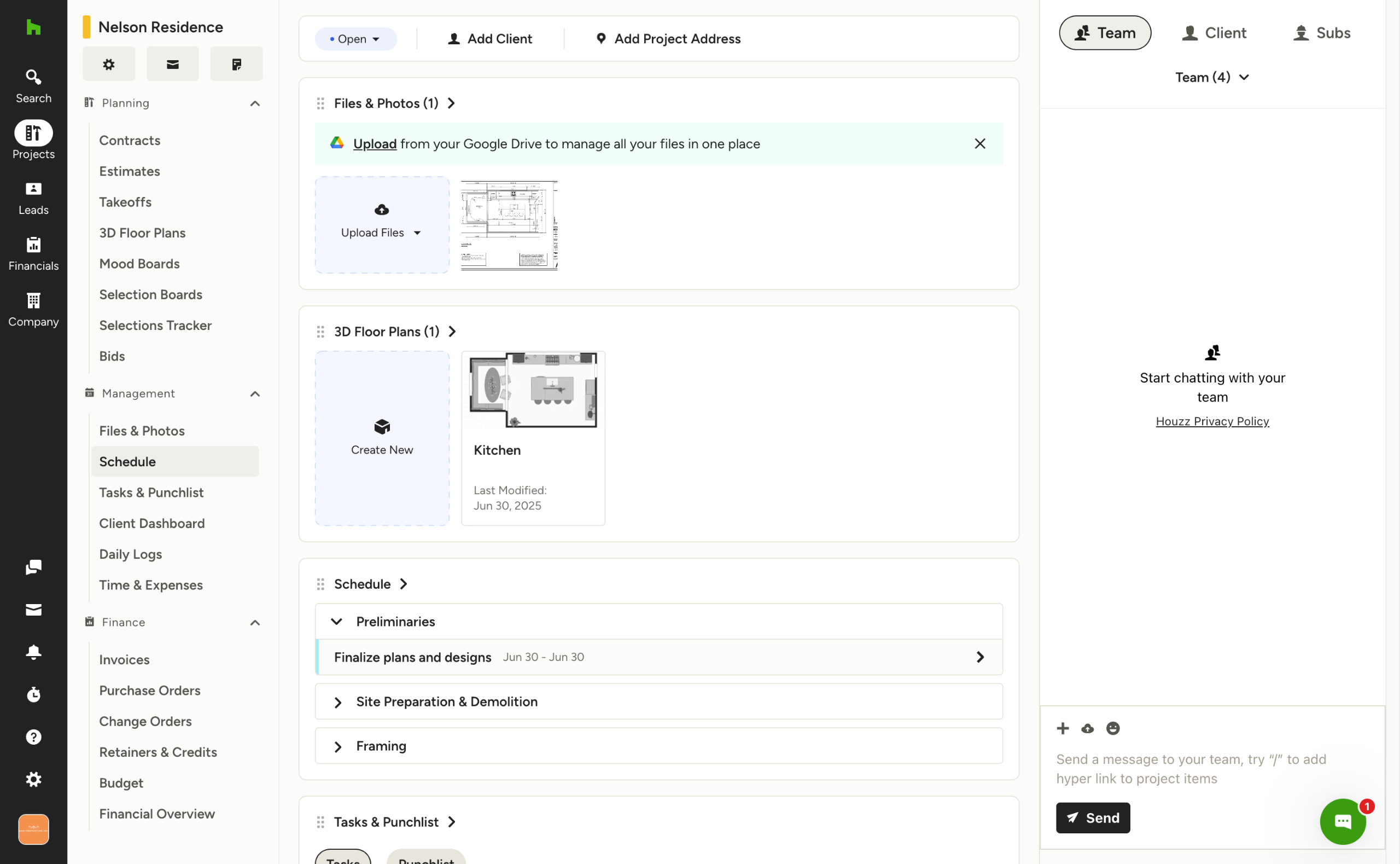Houzz Pro software interface for residential designers and specialty remodelers featuring 3D floor planners and lead management