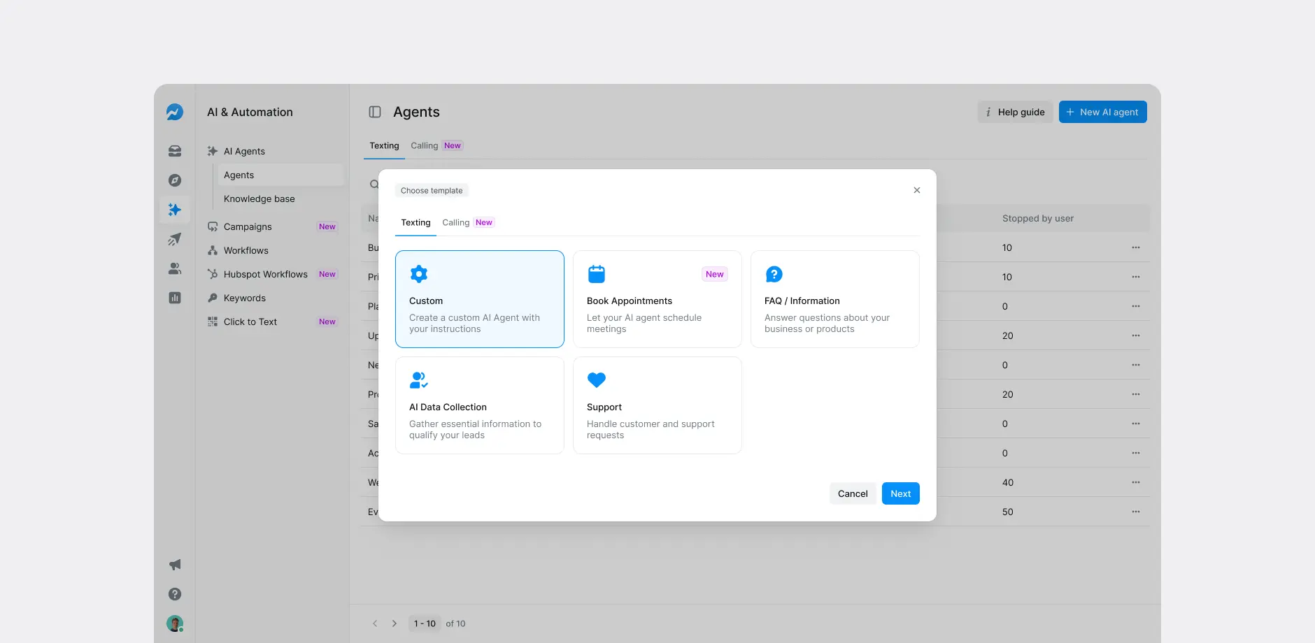AI agents: Texting and Calling - Agent templates modal.
