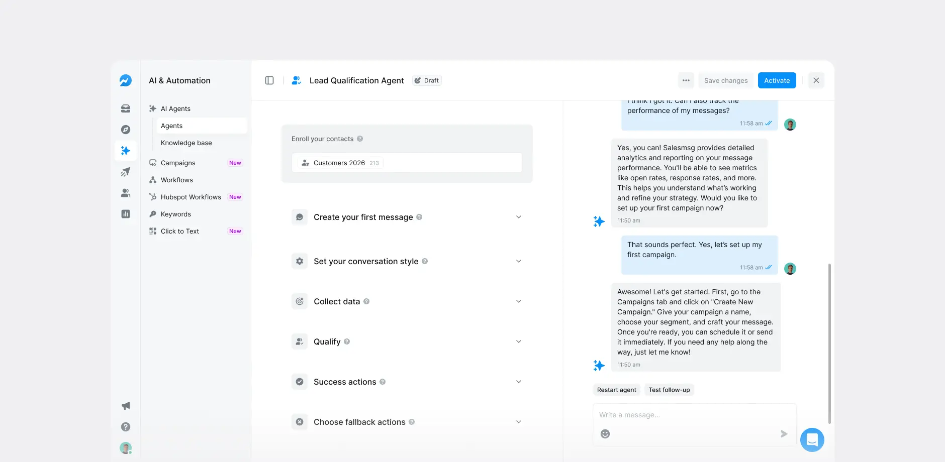 AI agents: Texting - Settings.