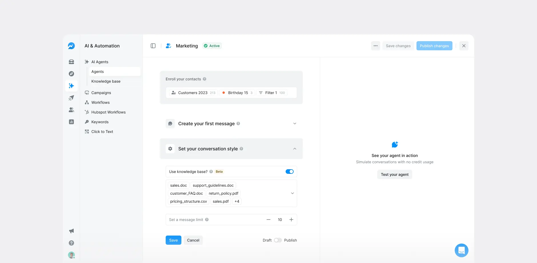 AI agents: Texting - Settings - Set your conversation style.