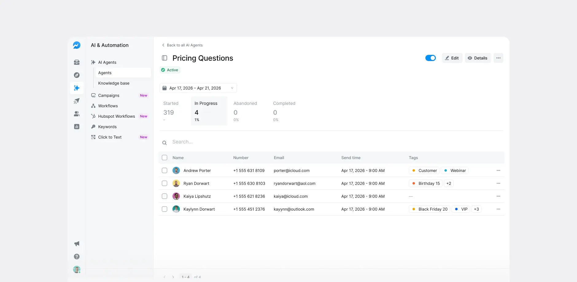AI agents: Texting and Calling - Agent page.