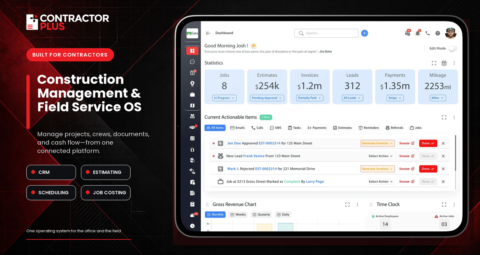 Contractor+ is a construction management software that allows small and midsize contractors connect field operations with CRM.