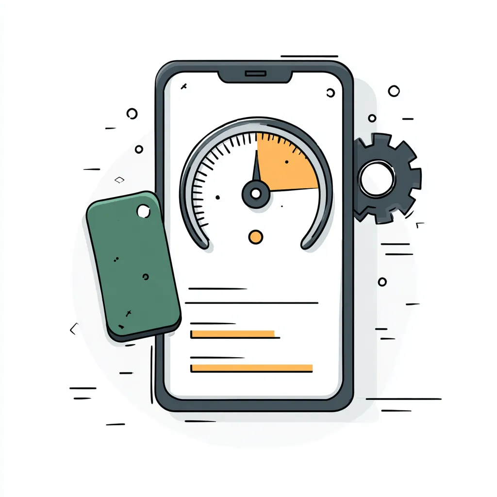 Illustration of a smartphone with a speedometer gauge on screen, a gear icon on the side, and a green tag attached.