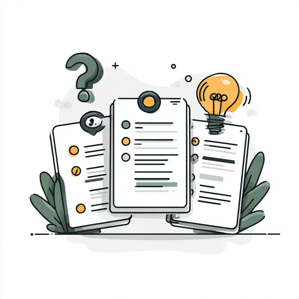 Illustration of three documents with checklists surrounded by a question mark, a speech bubble, and a glowing light bulb signifying ideas and questions.