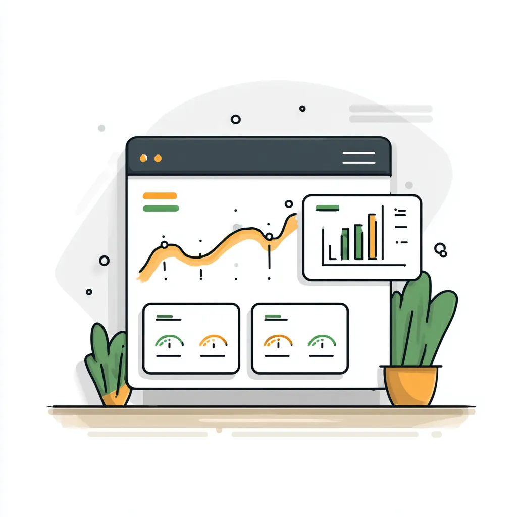 Illustration of a computer screen displaying data analytics with a line graph, bar chart, and gauge indicators, flanked by two potted plants.