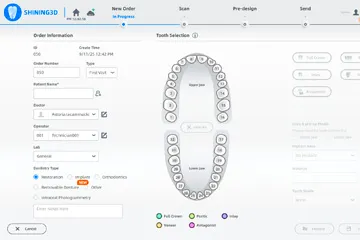 Dental software interface showing tooth selection chart and order information for a dental scan.
