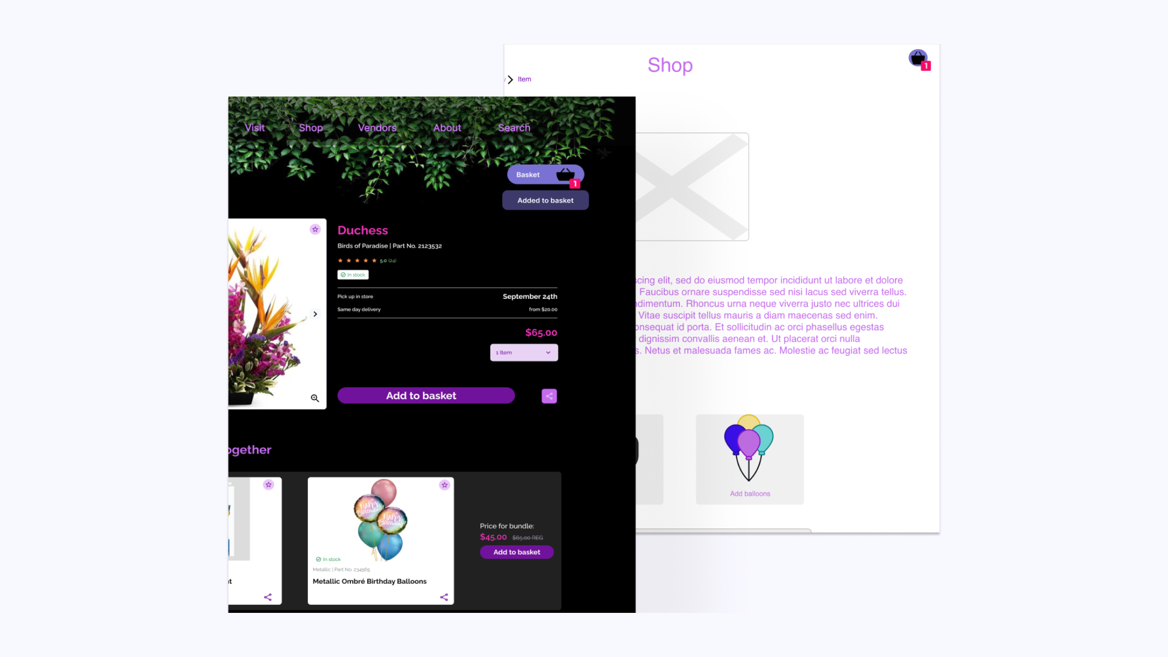 Examples of the add to cart feature from  the shop pages. Final mockup is placed on the left in the front. The wireframe is on the right slightly behind the final mockup.
