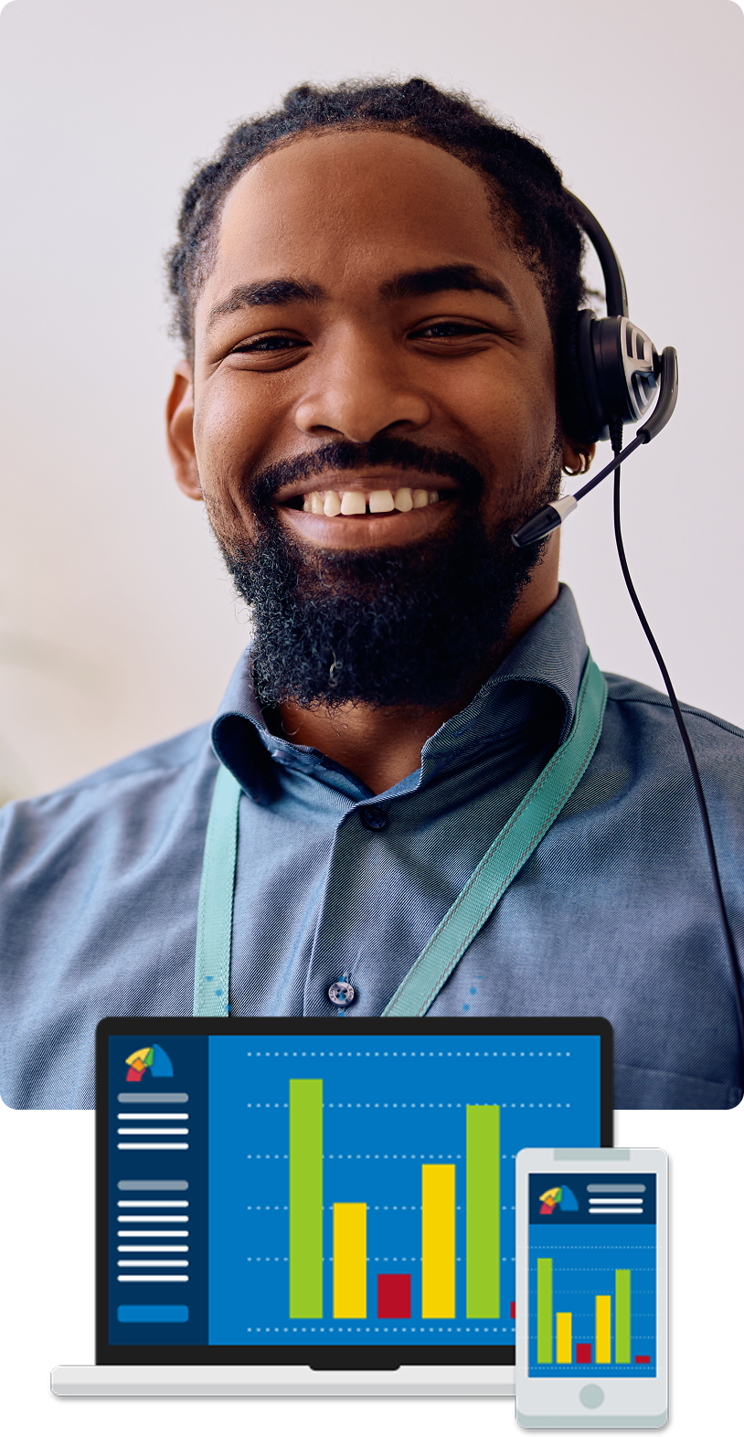 Contact Center Agent smiling with computer of Acuity dashboard below him both desktop and mobile