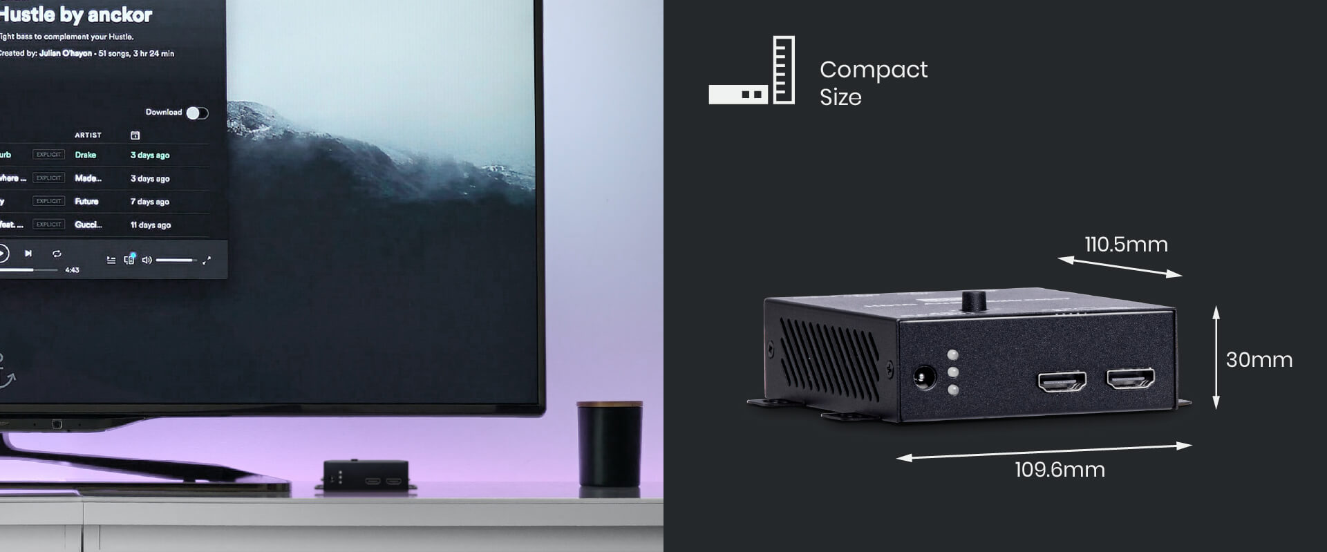 A compact HDMI audio splitter, also an audio extractor with 4K/1080p video scaler function.