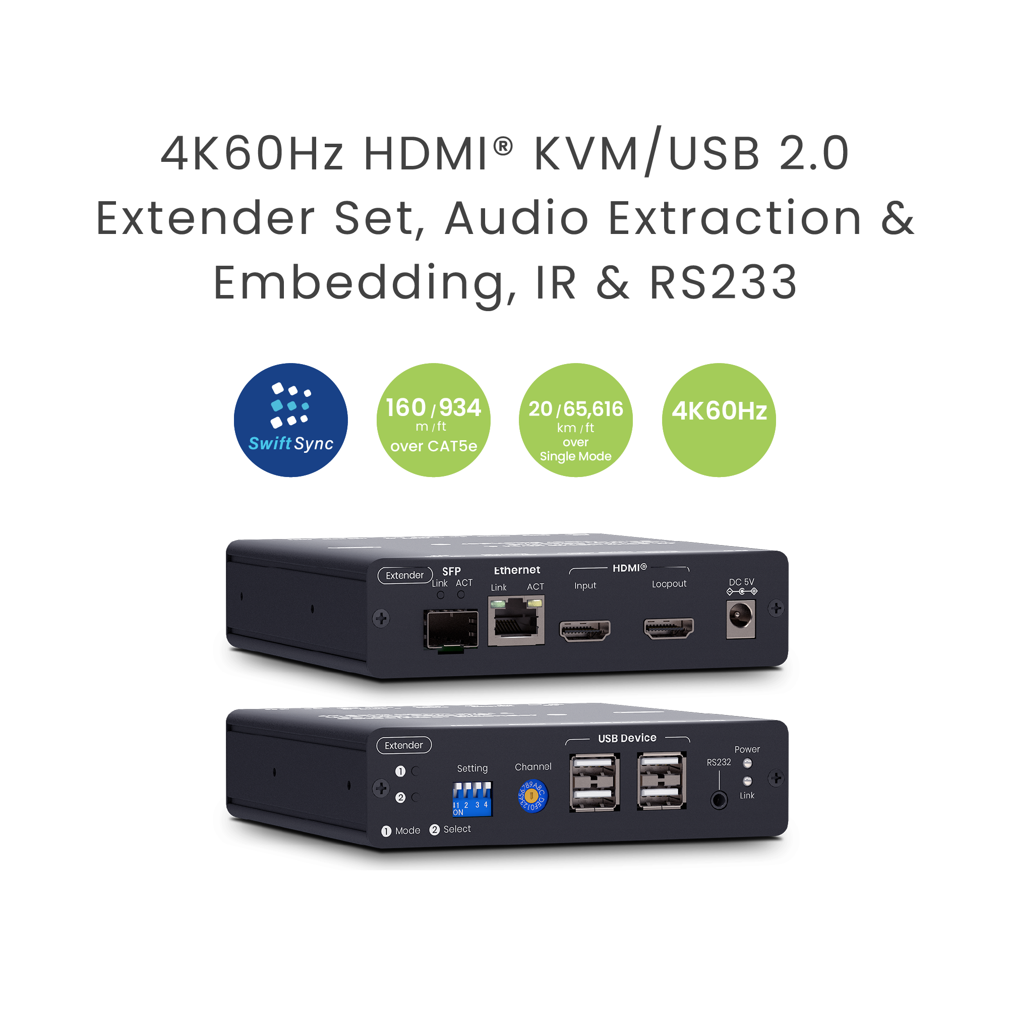 SwiftSync 4K60Hz HDMI® KVM/USB 2.0 Extender Set, Up to 140 m/20 km, Zero-Latency, Audio Extraction & Embedding, IR & RS233