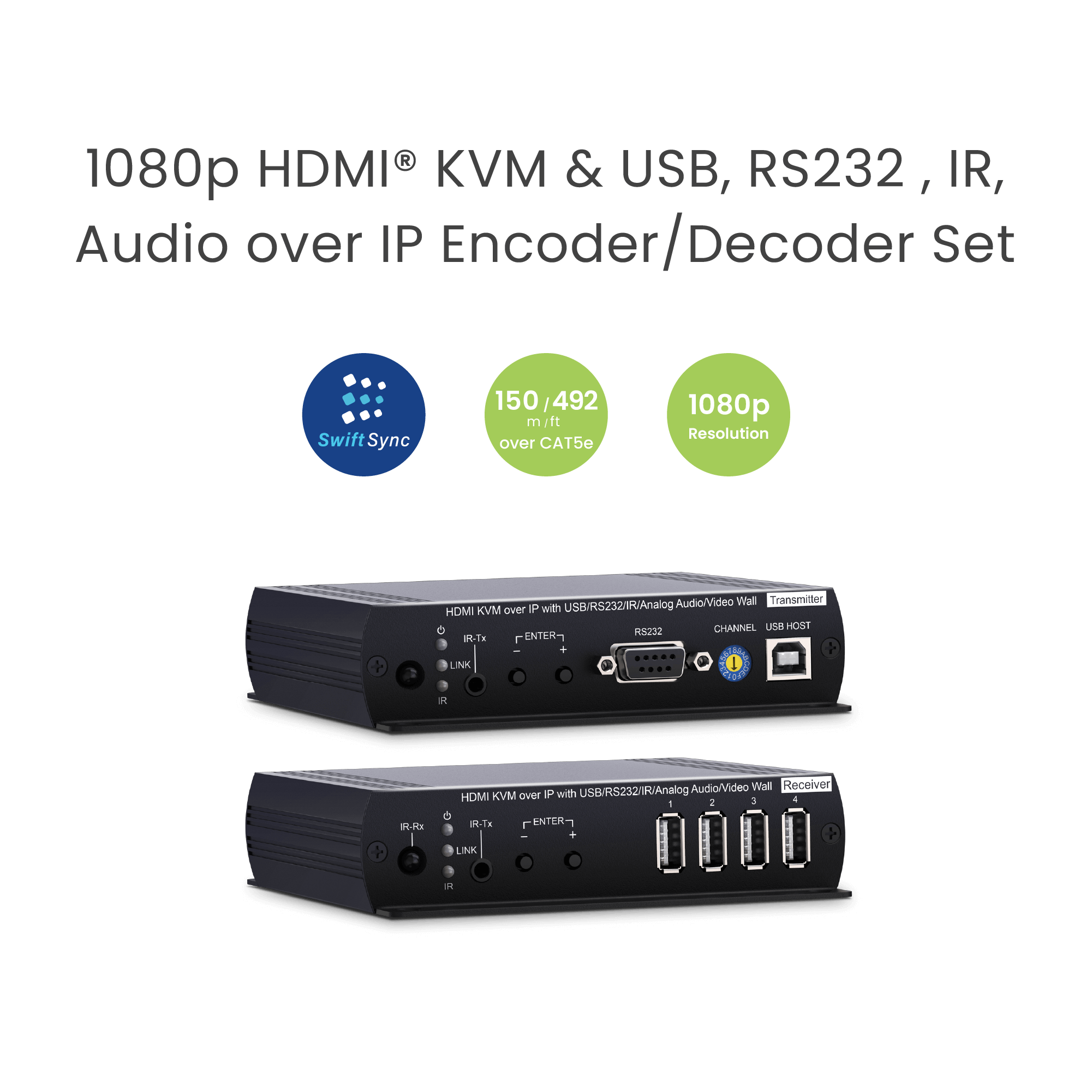 SwiftSync 1080p HDMI® KVM & USB, RS232 , IR, Audio over IP Encoder/Decoder set