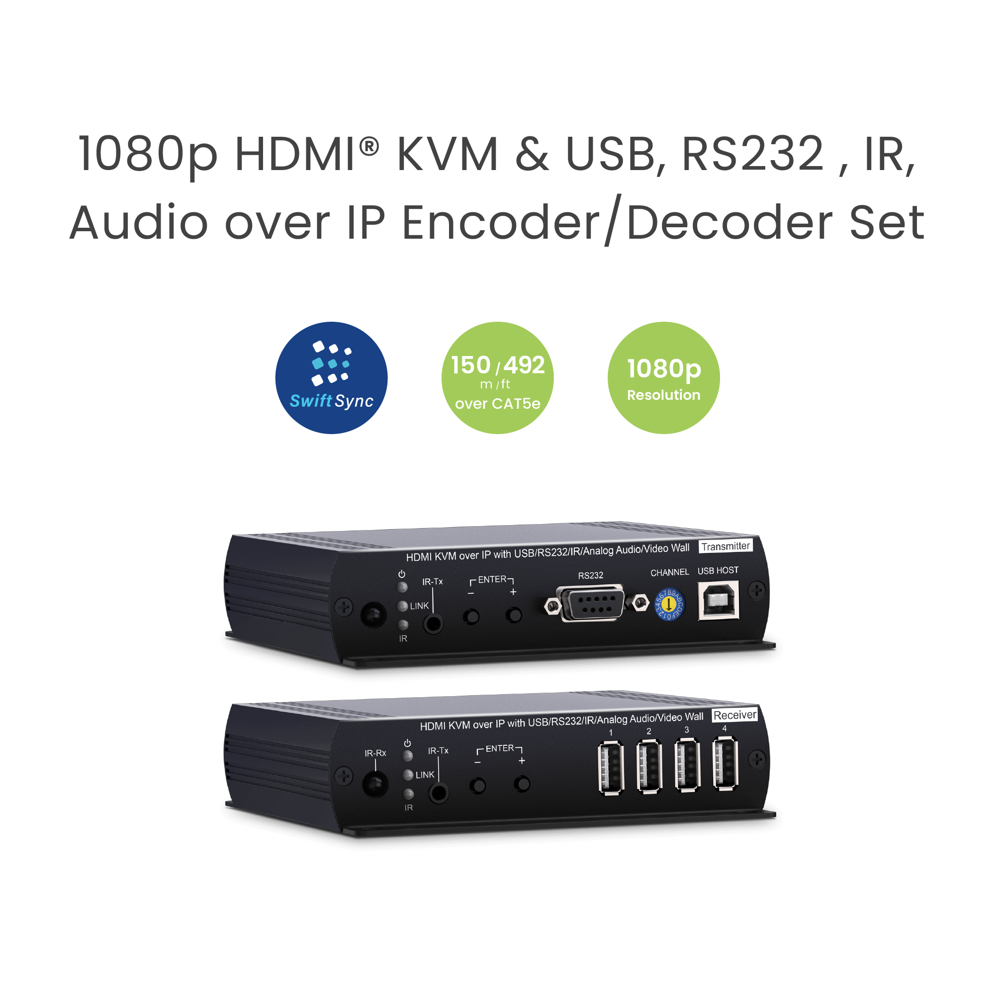 SwiftSync 1080p HDMI® KVM & USB, RS232 , IR, Audio over IP Encoder/Decoder set
